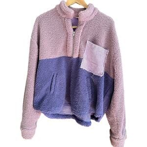 POL | Purple Colorblock Oversized Sherpa Half Zip with Corduroy Pocket | Large